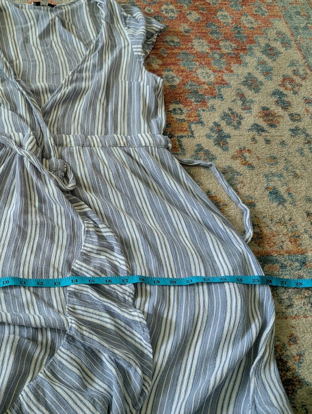 American Eagle Outfitters Women's Medium Blue Stripe Wrap Dress Ruffle Accent - Picture 10 of 11